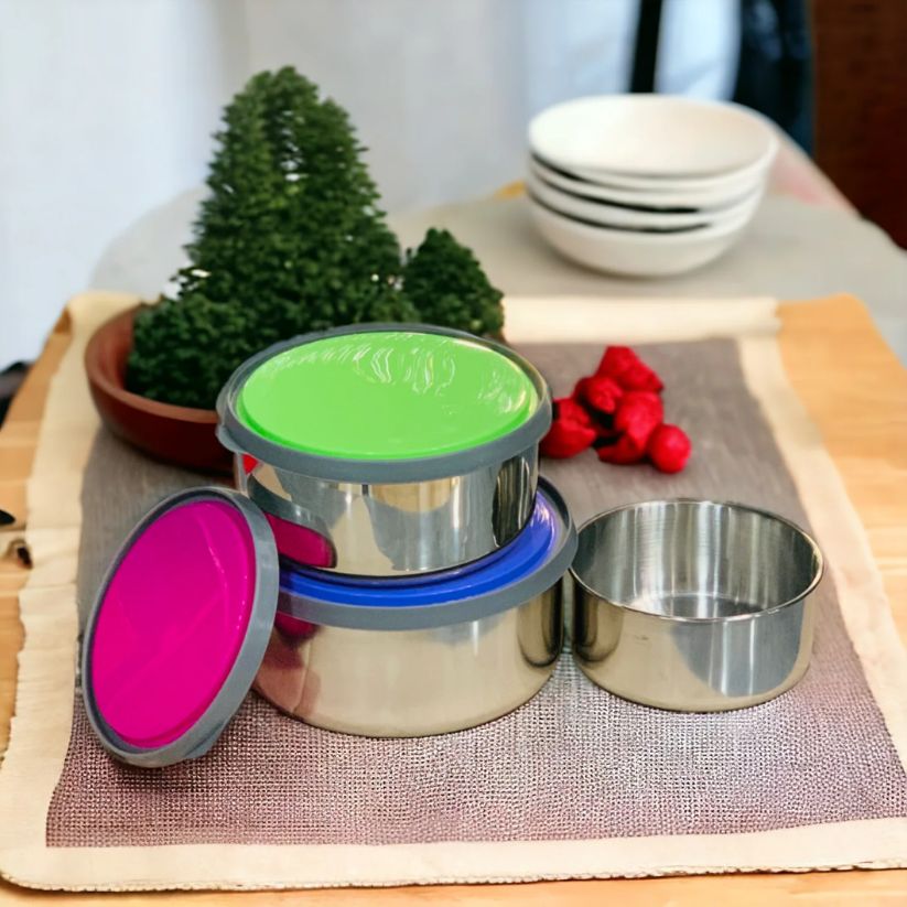 3 Pcs Stainless Steel Bowls With Silicone Lid
