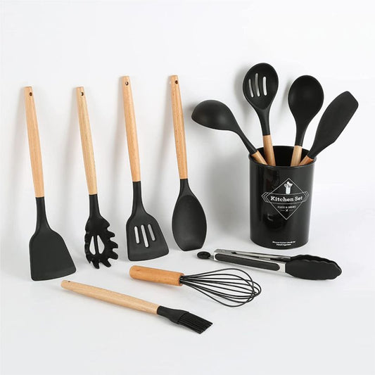 12pcs Silicone Cooking Utensil Set With Wooden Handle