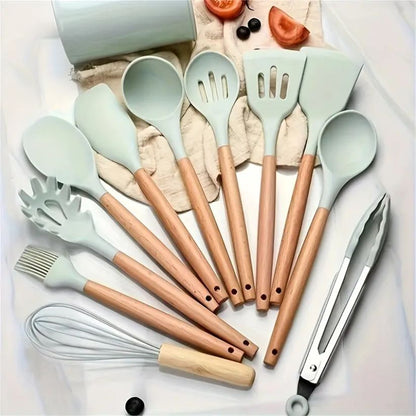 12pcs Silicone Cooking Utensil Set With Wooden Handle