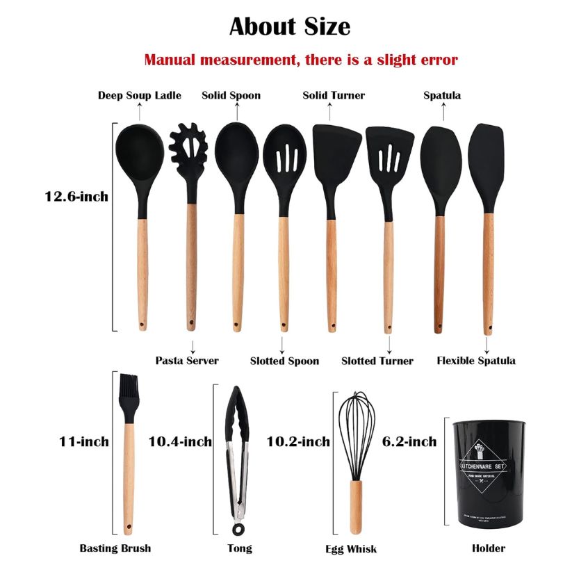 12pcs Silicone Cooking Utensil Set With Wooden Handle