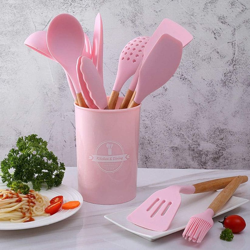 12pcs Silicone Cooking Utensil Set With Wooden Handle