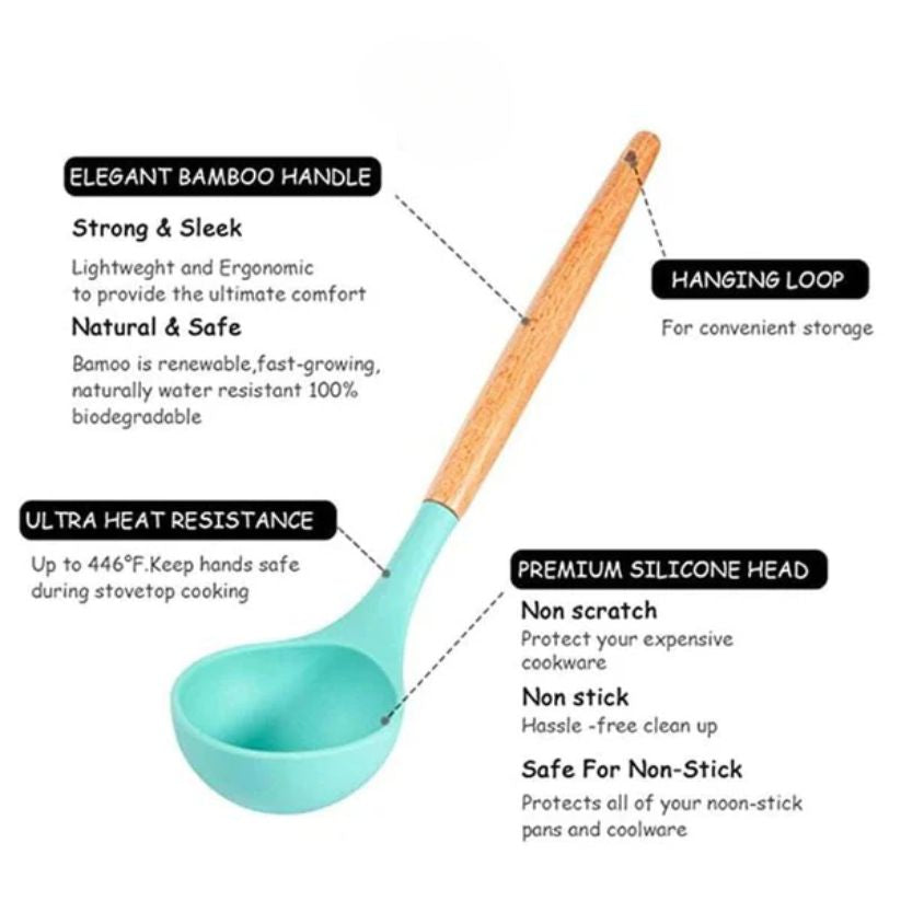 12pcs Silicone Cooking Utensil Set With Wooden Handle