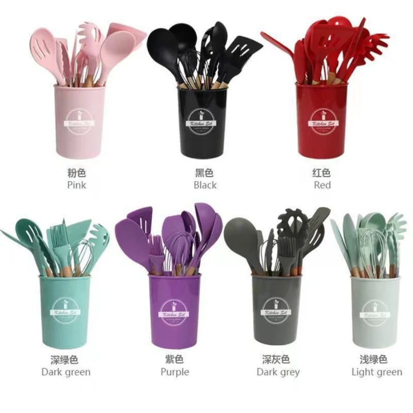 12pcs Silicone Cooking Utensil Set With Wooden Handle