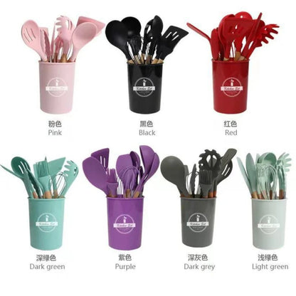 12pcs Silicone Cooking Utensil Set With Wooden Handle